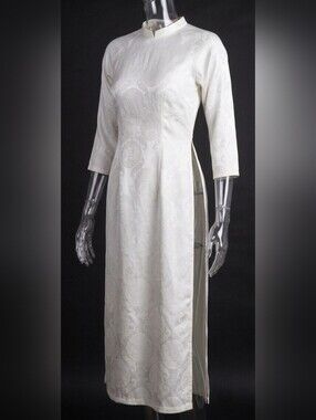 Ao Dai Ivory Satin Brocade Long Dress Side Slit Vietnamise Asian Ceremony Gấm